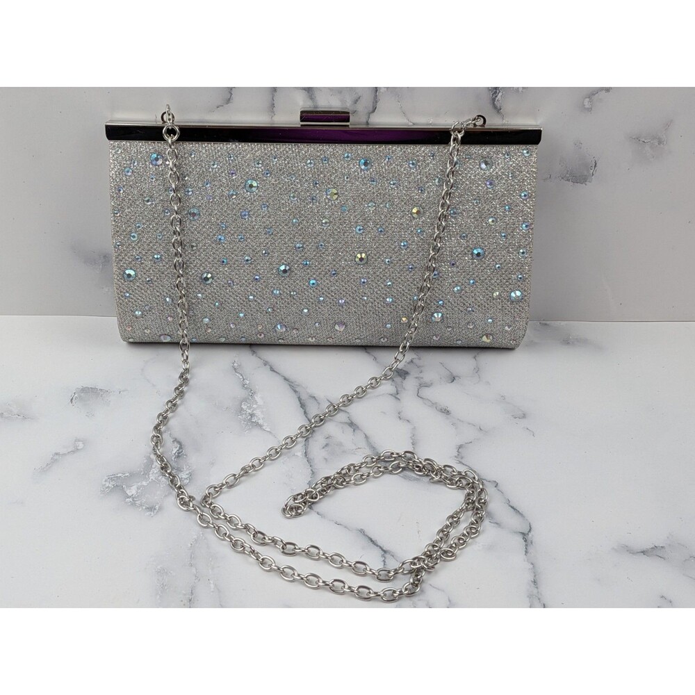 Silver Beaded Clutch Bag Evening Purse Handbag with Chain Strap